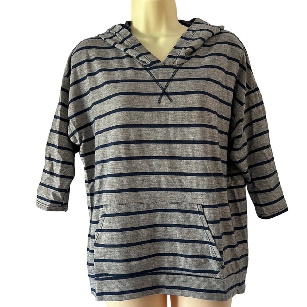 XXI by Forever 21 Gray & Blue Striped Hoodie Pullover Knit Top Nautical